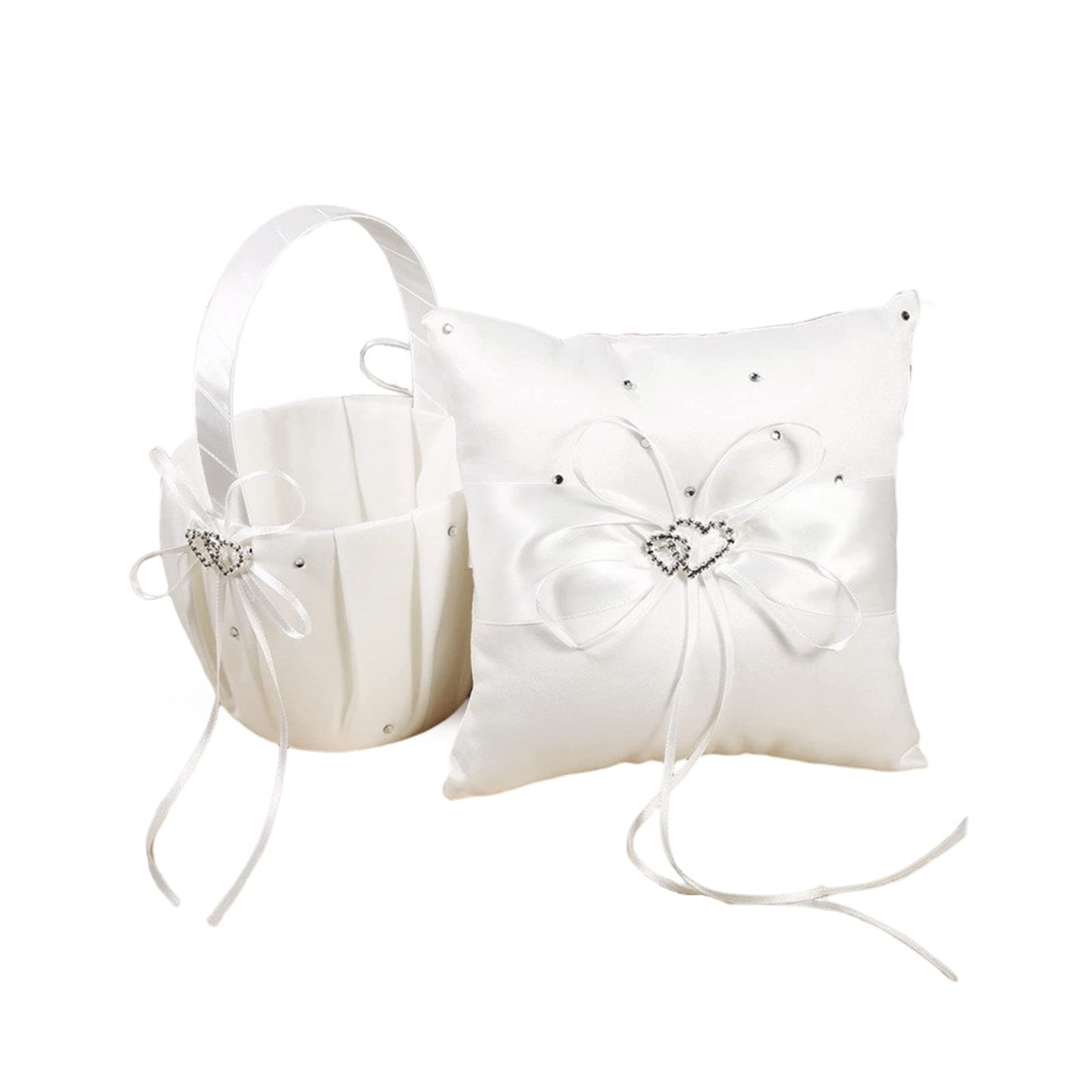 PetyoungWedding Basket Flower Girls Basket and Ring Pillow Set Satin Bowknot for Wedding Party Ceremony