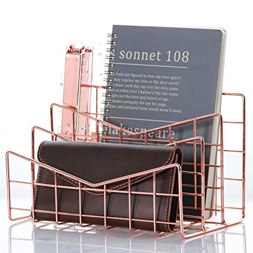Nugorise 3 Slot Letter Holder,Desk Wire Letter Mail Sorter, Decorative File Storage Organizer for Postcard, Mail, Brochure and Notebook, Rose Gold