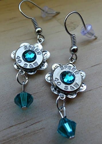 Speer 40 S&W Bullet Earrings with Silver Floral Swirl and Blue Zircon Swarovski Crystals