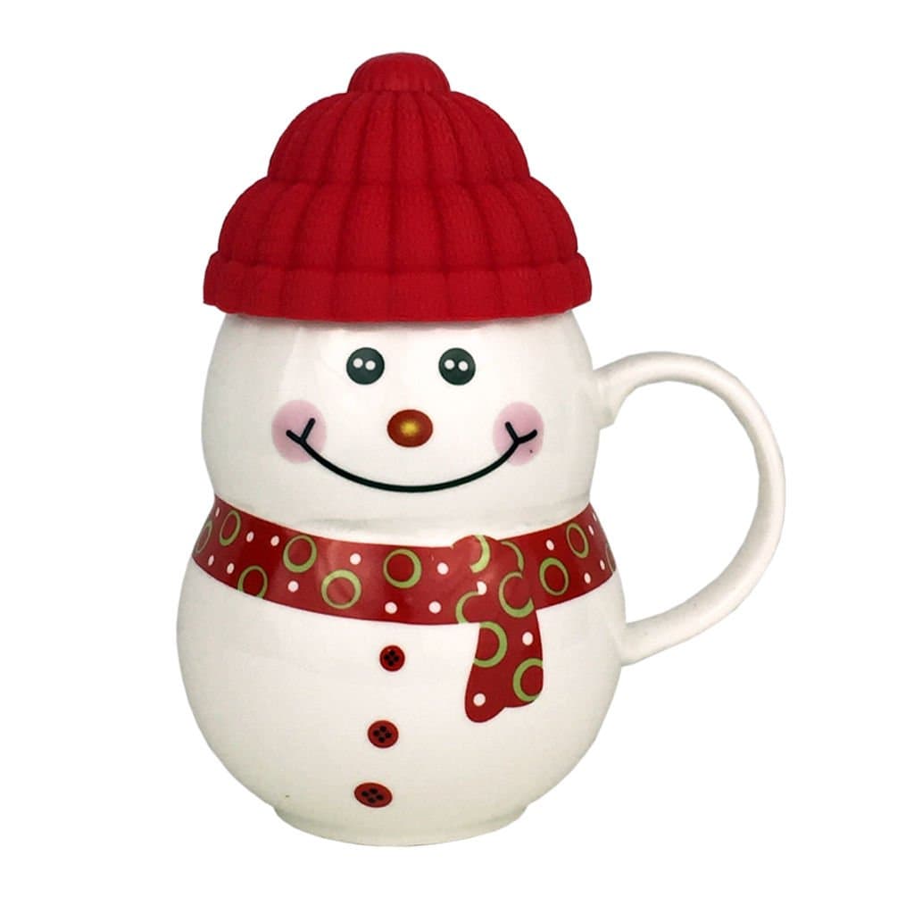 Christmas Cup Snowman Ceramic Coffee Mug with Lid Hot Cold Drink Festive Ornament Tableware Teacup (Red)