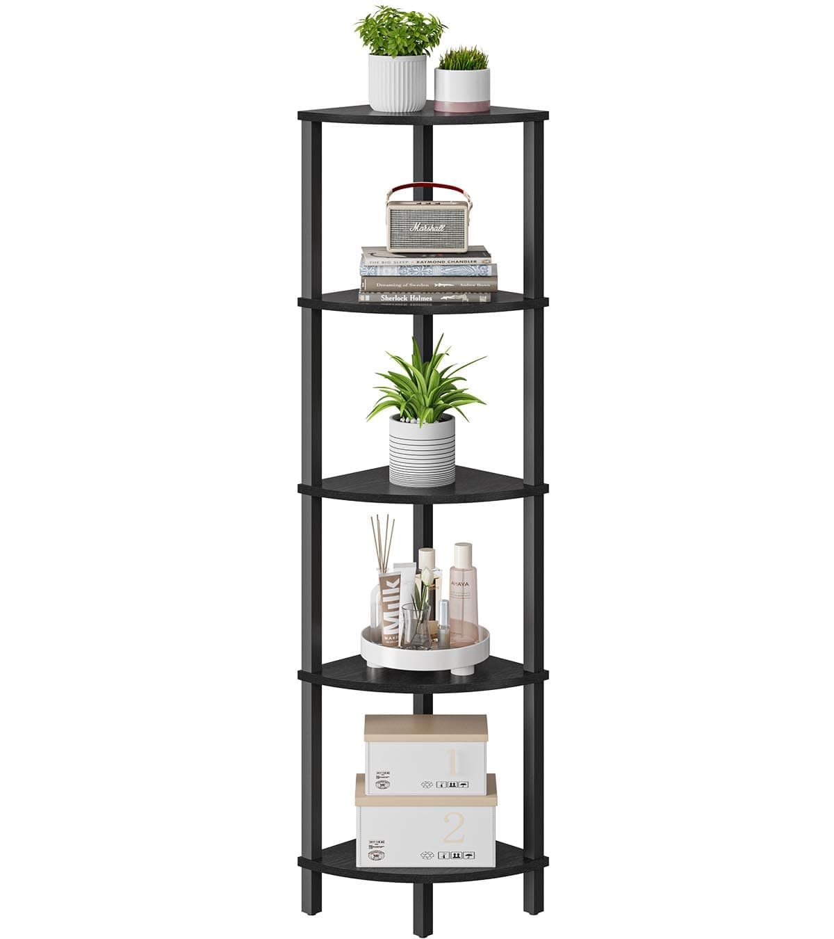 VIMBER Corner Shelves, 5 Tier Corner Bookshelf Industrial Corner Ladder Shelf, Modern Display Shelves for Living Room, Bedroom, Kitchen, Home, Office, Black, UJSJ001B