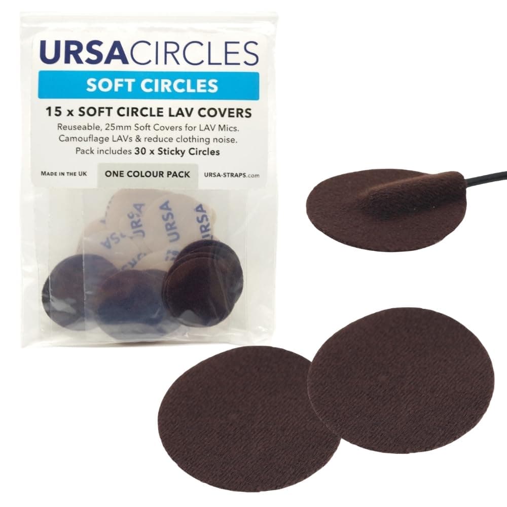 URSA Soft Circles Mic Tape: Reusable Lav Mic Tape Soft Covers | Wind Shield and Camouflage for Lavalier Mics | 15x Soft Lavalier Tape Circles + 30x Stickies | Microphone Tape Brown