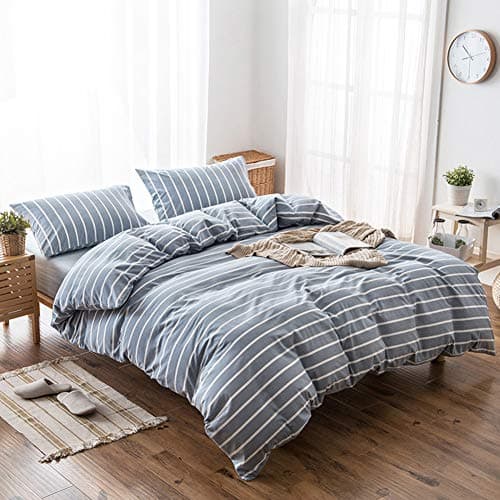 DONEUS Duvet Cover Queen Size - 100% Washed Cotton Duvet Cover Set Linen Feel Breathable Soft Comfy 3 Pieces Bedding Set with Zipper Closure, 1 Duvet Cover and 2 Pillow Shams (Blue Striped)