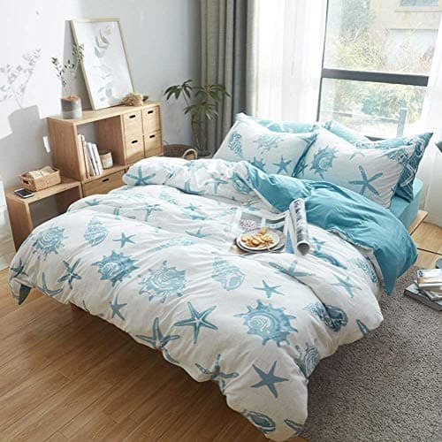 DONEUS 100% Jersey Knit Cotton Duvet Cover Set Luxury Soft Seashells Pattern Bedding Set 3 Pieces with Zipper Closure, 1 Duvet Cover and 2 Pillowcases (White Blue, Twin, 68"x90")