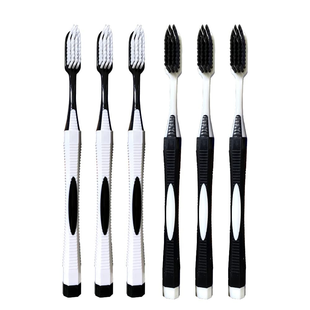 50 Toothbrushes Affordable Bulk Pack for Travel, Hotel, Guest, ndividually Wrapped Premium Toothbrushes, Oversized Easy Grip Rubber Handle, Soft Multi Color Nylon Bristles (Black and White)