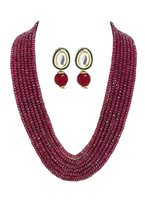 Ratanshala - Semi Precious Gemstone Ruby Red Necklace with Earring 7 Layer for Girls & Women Red Mala Fashion Jewellery