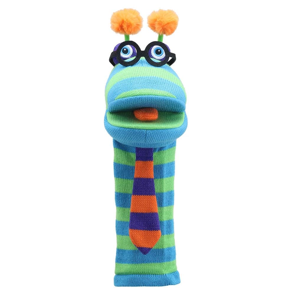 The Puppet Company Dylan Sockette - Colourful, Eco-Friendly Hand Puppet Toy with Glasses, Stripy Tie & Antennae - Fun & Interactive Companion for Imaginative Play - Made from Recycled Materials - 38cm