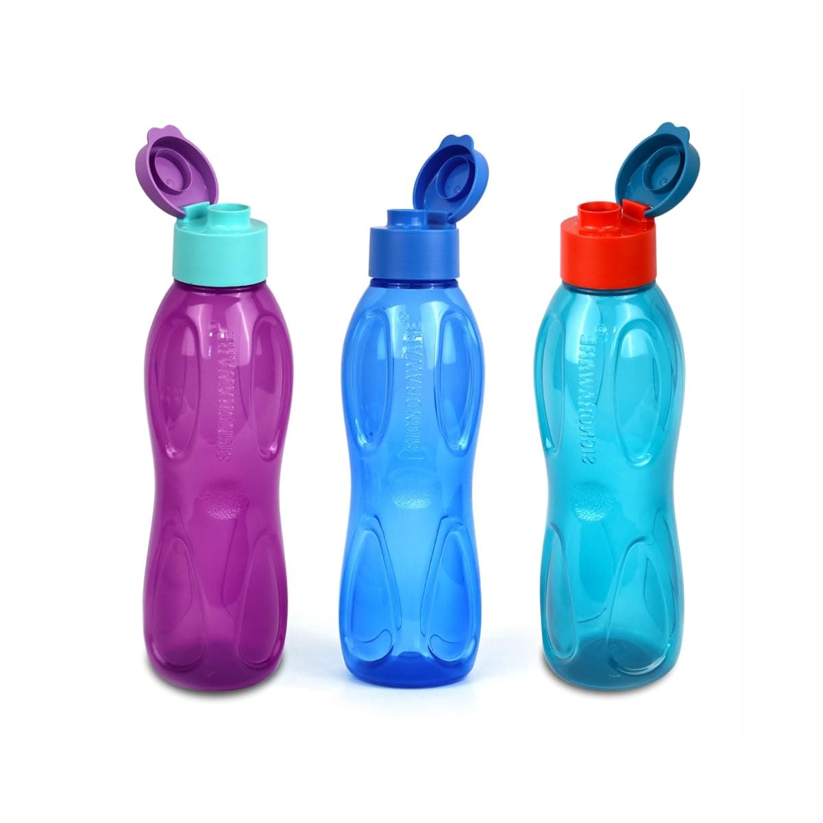 SIGNORA WARE 1000Ml Set Of 3 Flip Top Aqua Drop Plastic Water Bottle, BPA Free Food Grade (1 Litre Each Bottle, Assorted Colour, Multi Use Kids Adults Boys Girls School Office, Free)