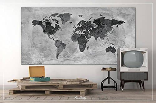 COCOMILLA Push Pin World Map, CANVAS Print, Extra Large World Map, Push Pin Travel Map, Rustic World Map, Antiques Map, Wanderlust, Travel Love-964(27"x55" (70cmx140cm))-Black White