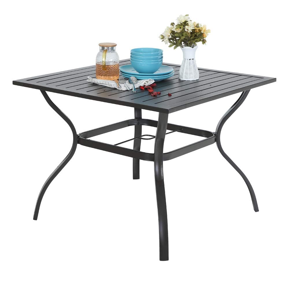 - Sophia & William 37" Square Patio Outdoor Dining Table with 1.57" Umbrella Hole, All-Weather Resistant Table with E-Coating for 4 People, Black Metal Steel Slated Table for Garden Backyard Poolside
