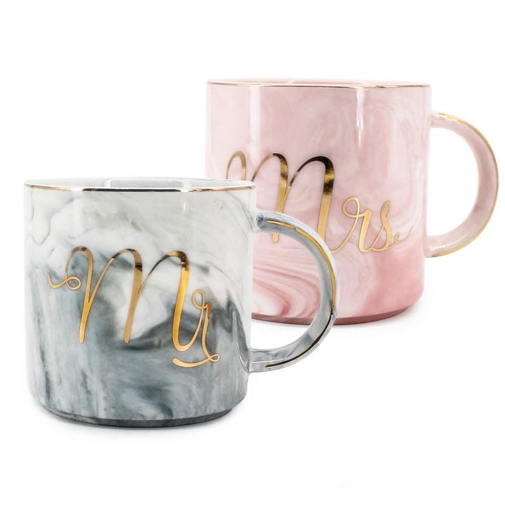 Couples Coffee Mugs, Mr and Mrs Ceramic Coffee Mugs, Gold & Marble Design, Gift for Bride and Groom, Anniversary Present for Husband and Wife (Grey and Pink)