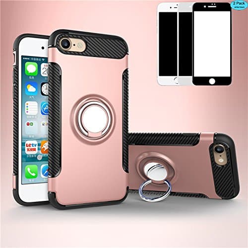 Iphone7+,iphone8 Plus Case,Shock-Absorption Bumper，Built-in Ring Bracket，Vehicle-mounted Adsorb Cover with 2Pack Full Coverage Tempered Glass/Anti-Scratch/High sensitivity Screen Protector (Rose Gold)