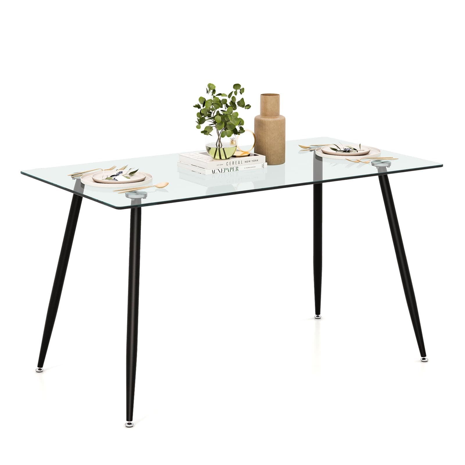 Tangkula Glass Dining Table, Modern Rectangular Table with Tempered Glass Tabletop & Black Steel Legs, Simplistic Kitchen Versatile Table for Home Office