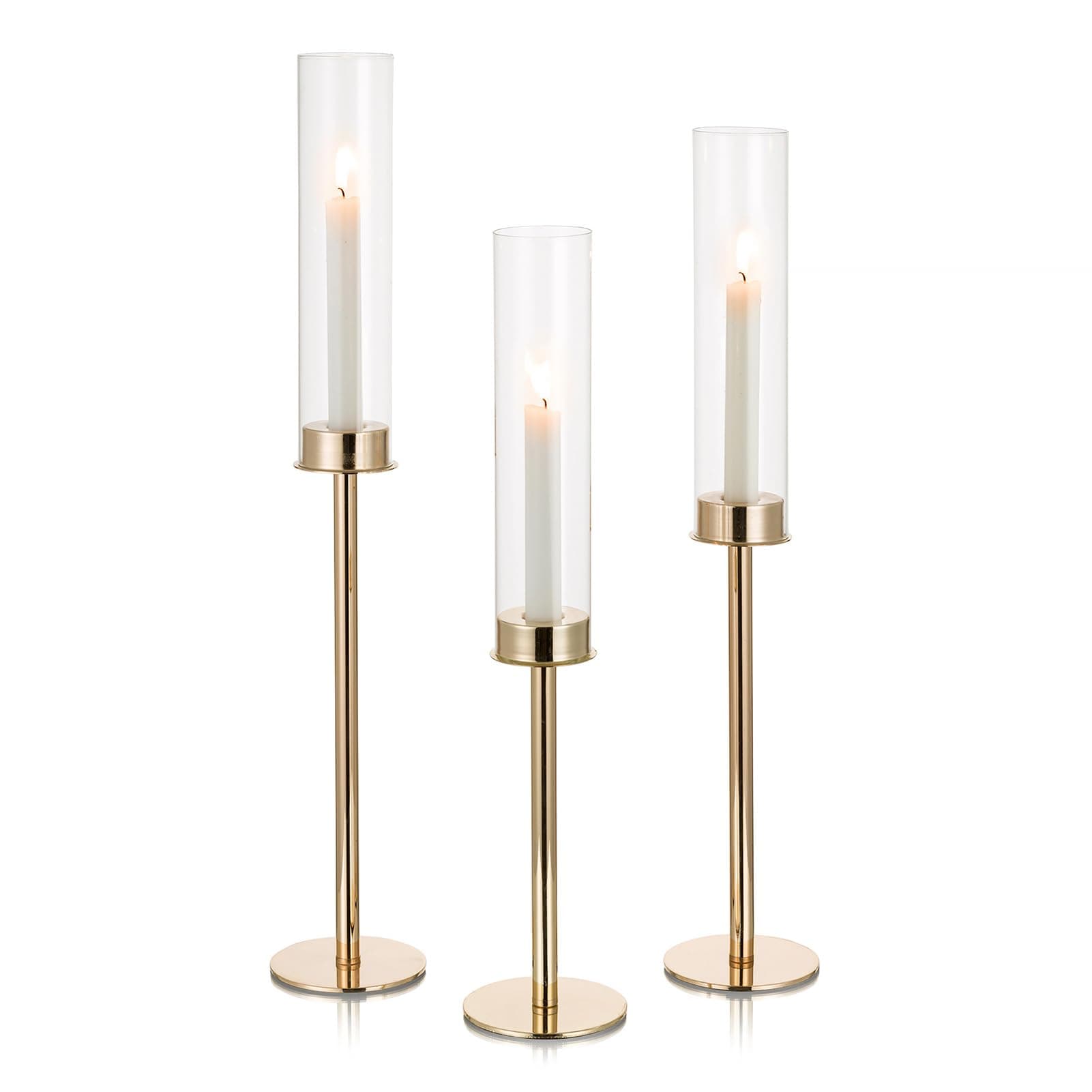 NUPTIO Gold Taper Candle Holders: Set of 3 Tall Hurricane Candlestick Holder with Open Ended Clear Glass Covers Long Stem Metal Candle Stick Stand for Fall Thanksgiving Christmas Table Decor