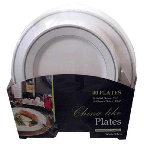 40 Piece Set Premium Quality Heavyweight Plastic Plates: 20 Dinner Plates and 20 Salad Plates (White with Silver Rim)