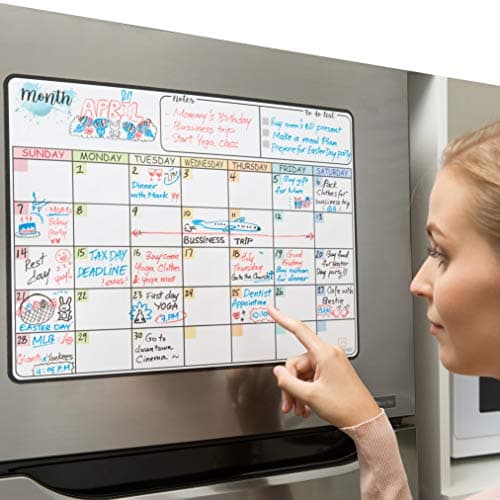 Goombi Magnetic Dry Erase Calendar for Refrigerator - 17x12 inches - Large Magnetic Whiteboard Calendar Organizer Set - Stain Resistant Technology - 4 Fine Tip Markers & Eraser with Magnets Included
