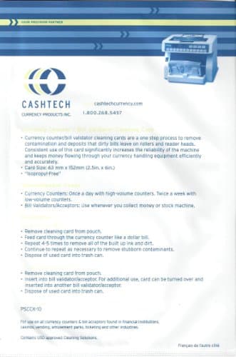 Bill Validator / Acceptor - Currency Counter Cleaning Cards (10 Pack)