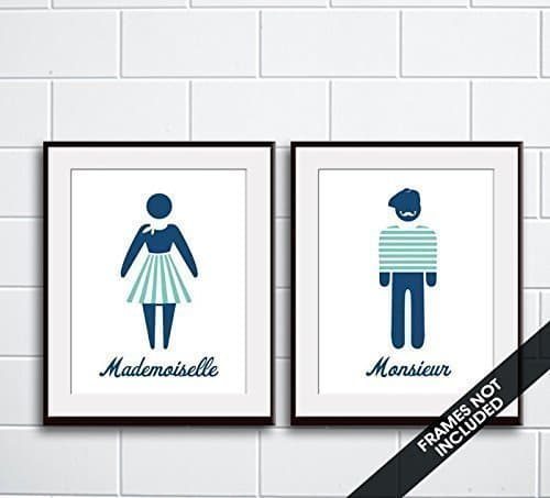 Mademoiselle and Monsieur Bathroom Prints (series B) Set of 2 5x7 inch Unframed Art Prints (Featured in Monaco and Seafoam on white) Bath / Washroom Art