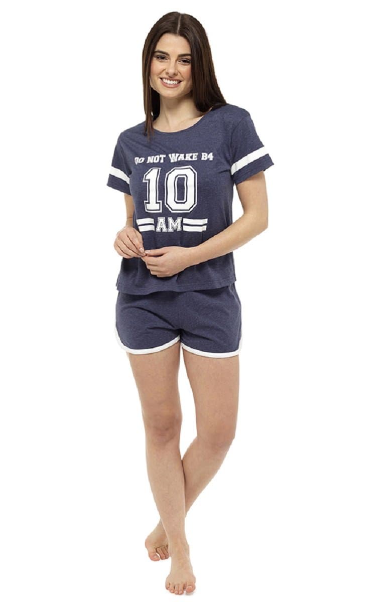 Follow That Dream Ladies Varsity Shorts PJ Set/Summer Pyjamas/Shortie Pajamas (Medium, Navy Blue)