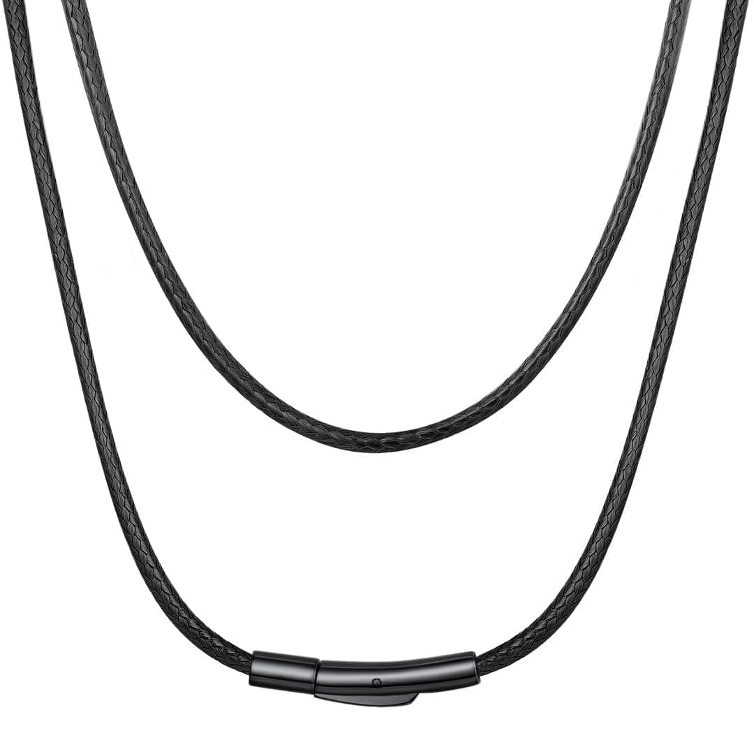 Waterproof Braided Black Leather Necklace Cord with Clasp, Men Women DIY Rope Chain for Pendant, Customize Available, 1.5/2/3mm Width, 16/18/20/22/24/26/28/30" Length (with Gift Box)