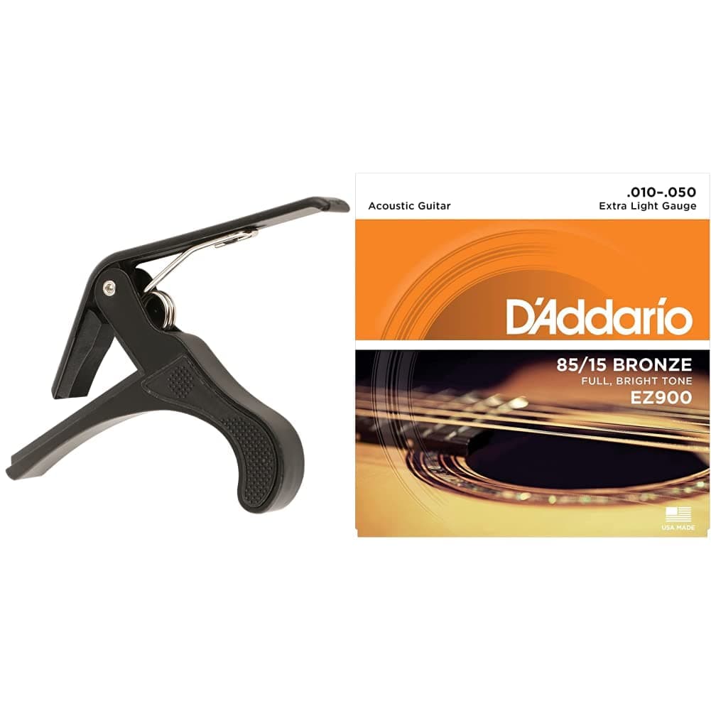 JUAREZ JRZ250 One Handed Trigger Guitar Metal Capo For Ukulele And Guitar + D'Addario Bronze Acoustic Guitar Strings_(.010-.050_Extra Light Gauge)_Stainless Steel Material