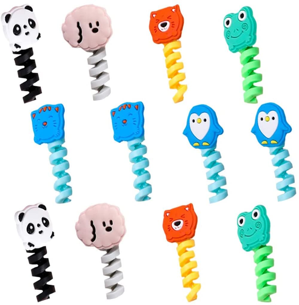 DELFINO 14Pcs Charger Cable Protector, Silicone Cute Animal Charging Cable Saver Spiral Spring Flexible Wire Protector Cable Management Organizer Charger Cable Accessory (Random Pattern)