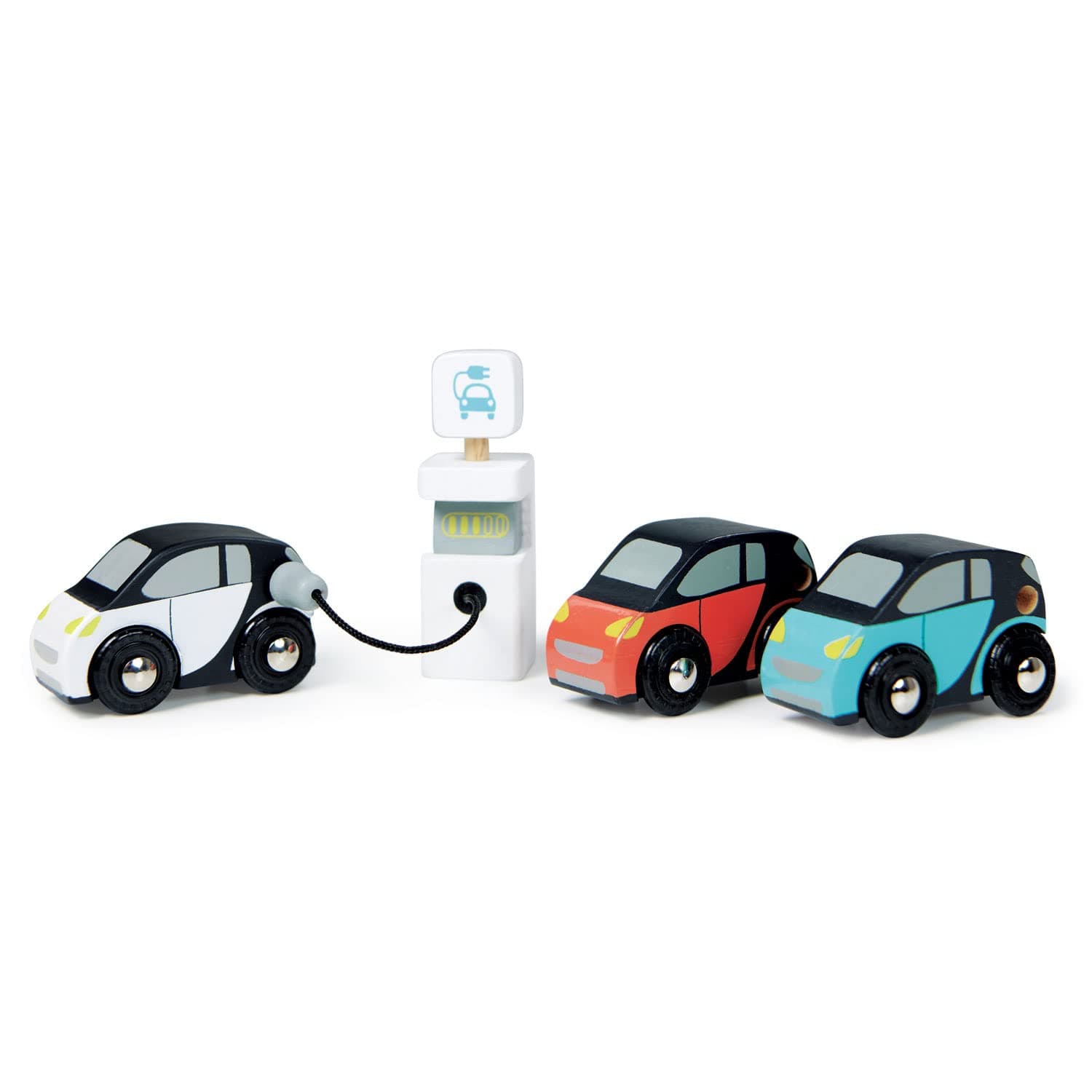 Tender Leaf Toys - Smart Car Set - 3 Pretend Electric Wooden Smart Cars with Charging Unit - Open-Ended Play Toy, Explore Role-Play and Imagination, for Boys and Girls Age 18m+
