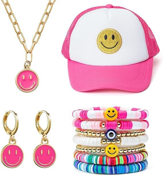 BigVivi 11 Pack Preppy Jewelry Set Smile Face Trucker Hat Stackable Bracelets Necklace Earrings Y2K Mesh Back Baseball Cap Colorful Handmade Charms Stretch Bracelets, Birthday Gifts for Women Girls