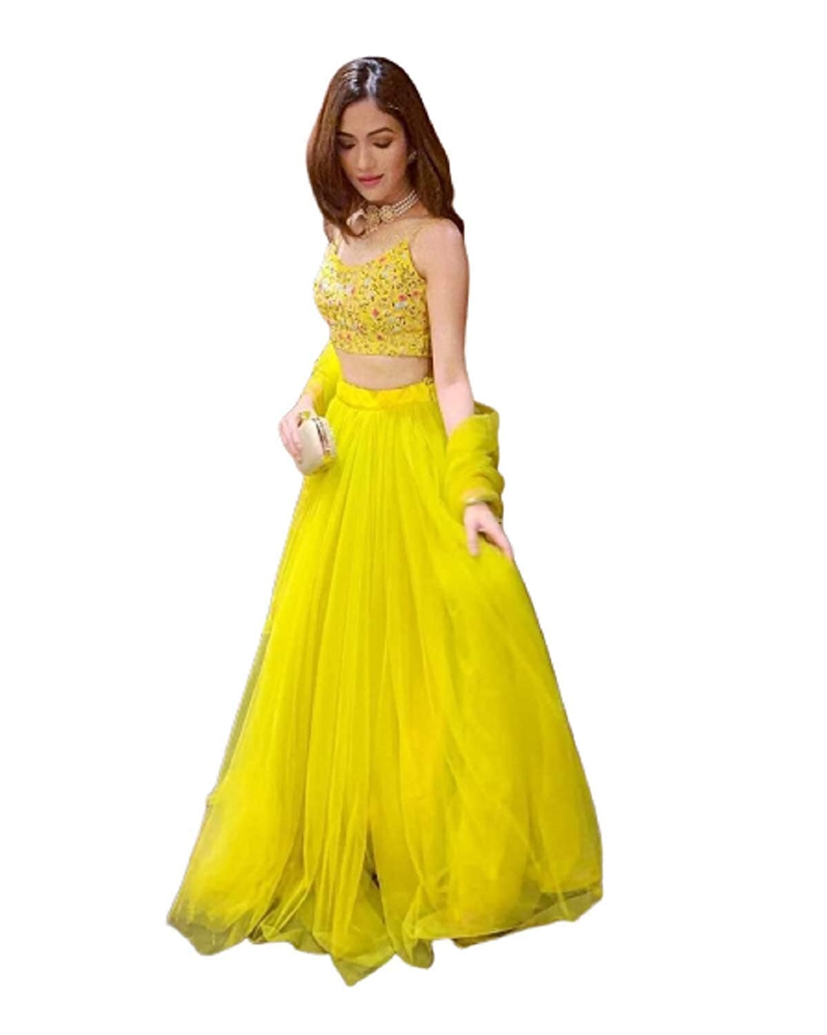 Madellion Women's with Embroidered Crop Top Lehenga with Frilled Net Dupatta (Yellow, Free Size)