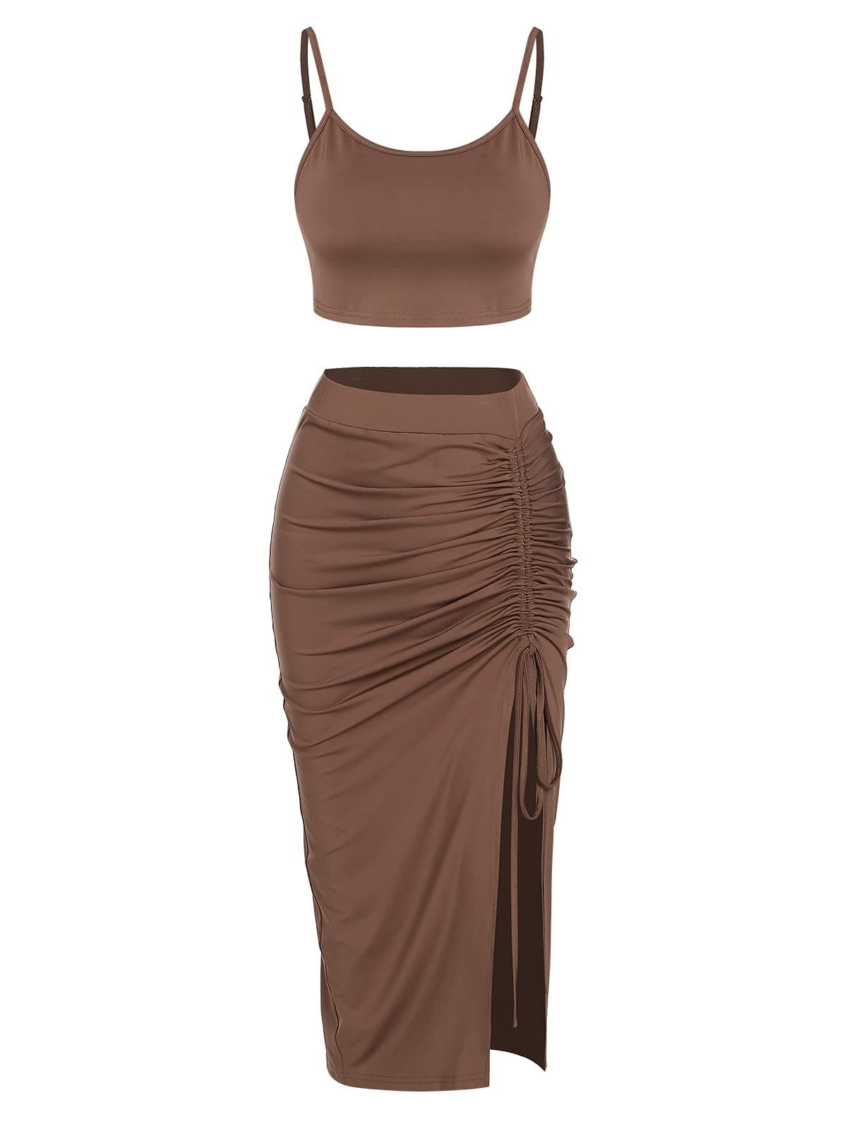 ZAFULWomen’s 2 Pieces Skirt with Crop Tank, High-Slit Twist Skirt Set Bodycon Dress for Party Club Nightout Cocktail, O-deep Coffee, Large