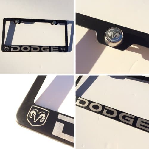 Black Laser Engraved Dodge USA Stainless Steel License Plate Frame with Engraved Steel Logo Screw Cap Combo