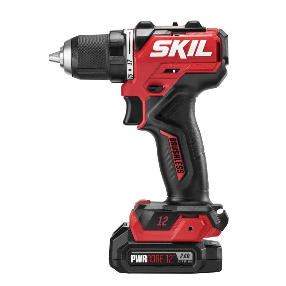 SKIL PWR CORE 12 Brushless 12V 1/2" Compact Variable-Speed Drill Driver Kit with 1/2'' Single-Sleeve, Keyless Chuck & LED Worklight Including 2.0Ah Battery and PWR JUMP Charger - DL6290A-10