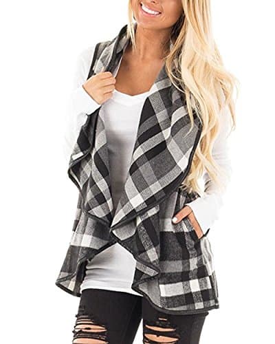Eunha Women's Lapel Open Front Sleeveless Plaid Vest Cardigan Sweater Coat