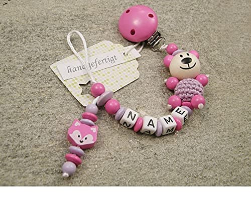 Personalised Baby Dummy Clip Chain | Pacifier Soother Holder with Preferred Name – Girls Motif Bear & Pink Fox