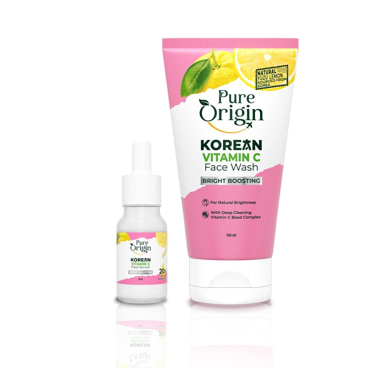Pure Origin Korean Vitamin C Bright Boosting Face Wash & Serum | Face serum for Brightening & Face cleanser deep cleansing for Brighter, Glowing and soft skin | For women and men | For all skin type |