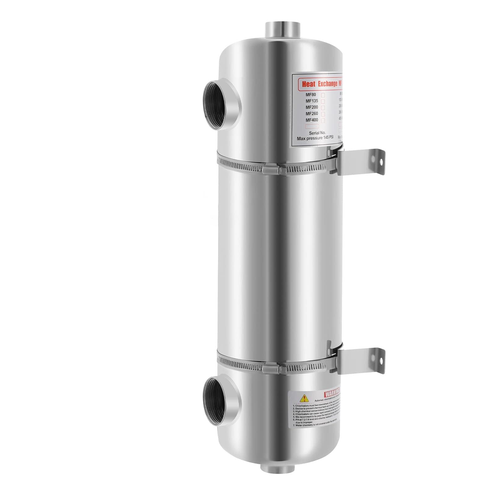 Tube Shell Heat Exchanger, 200KBTU Pool Heat Exchanger 304 Stainless Steel Shell 1" 1 1/2" FPT Heat Transfer Area 4.8 Square feet Suitable for Swimming Pools, Hot Tubs, Solar