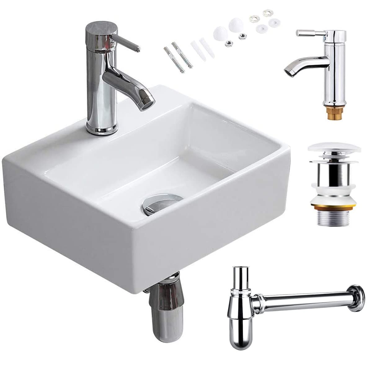 Rectangle Wash Basin Sink with Tap, Waste, P-Trap Wall Mounted High Temperature Calcination Ceramic Vessel White Simple Design Glossy Surface Easy to Clean for Bathroom Toilet Cloakroom