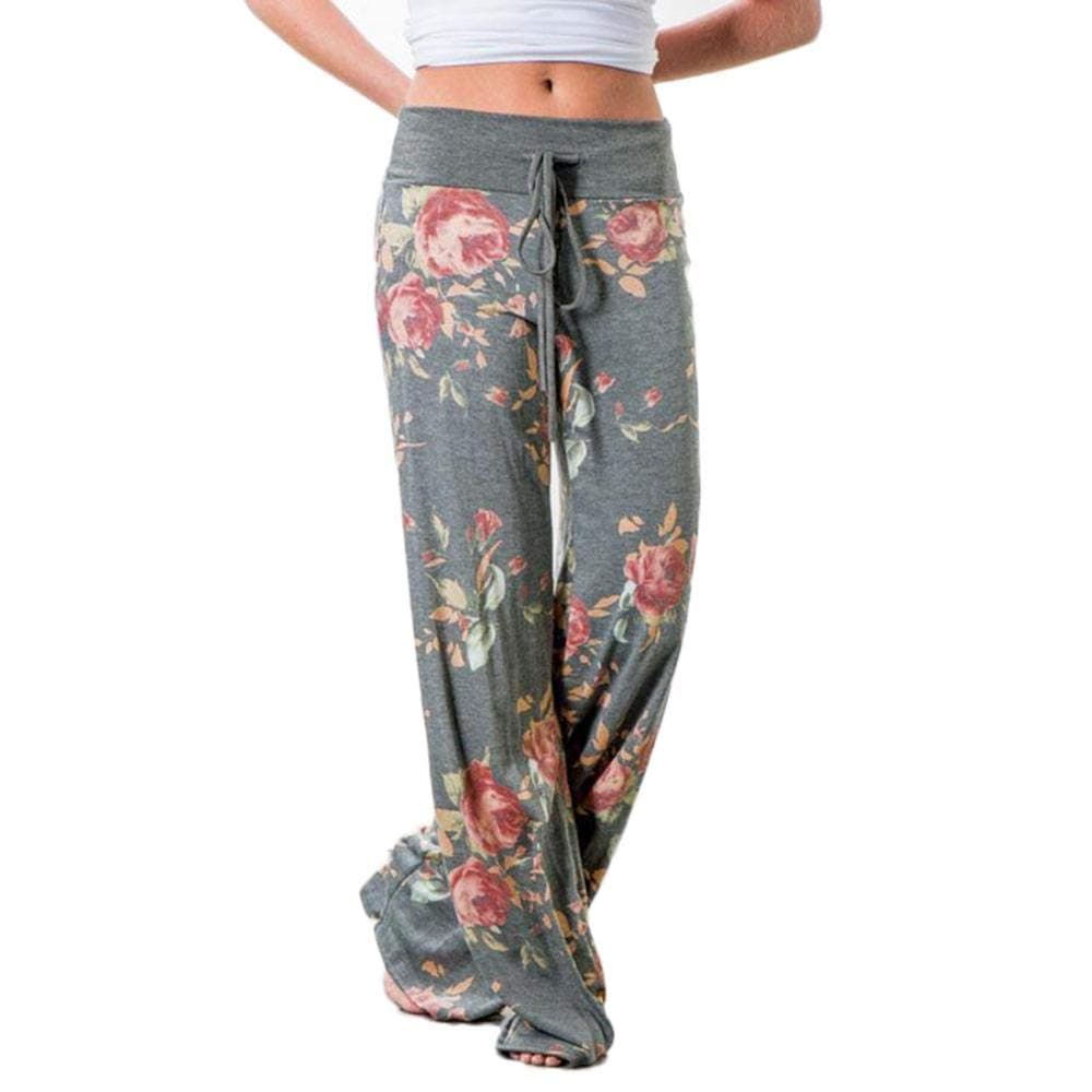 Casual Yoga Pants,Womens Floral Yoga Palazzo Drawstring Casual Loose Wide Leg Pants Trousers Leggings