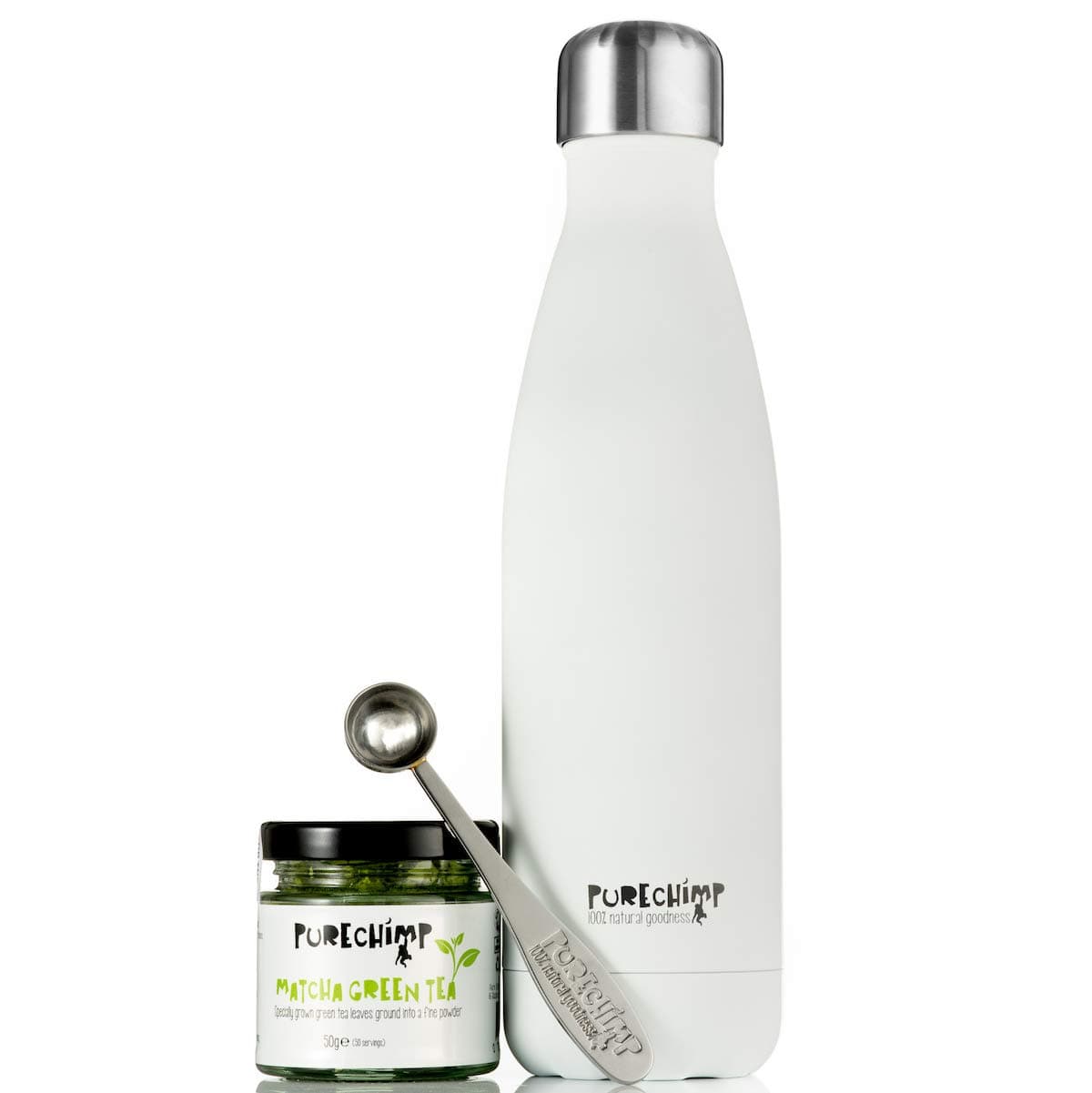 Matcha On The Go by PureChimp - 500ml Bottle, 50g Matcha Tea, Metal Serving Spoon