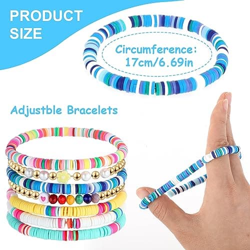 7 Pcs Preppy Bracelet Set Colorful Heishi Surfer Clay Bead Bracelets Preppy Jewelry Evil Eye Beaded Stretch Bracelet Stackable Elastic Layering Bracelets Boho Summer Beach Bracelets for Women Girls,
