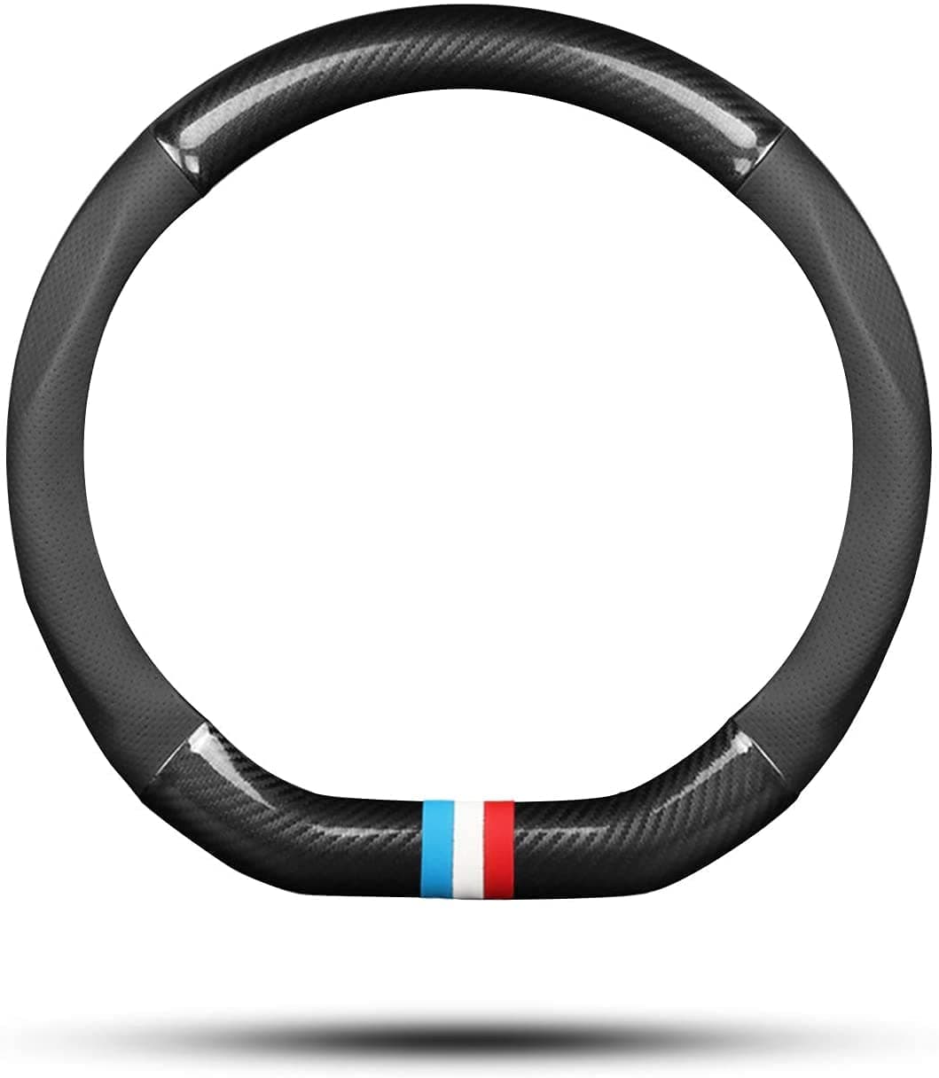 PIKFOS Non-Slip Car Steering Wheel Cover, D-Shape Sports Protector, Carbon Fiber and Faux Leather, Universal for 15" Diameter, Black