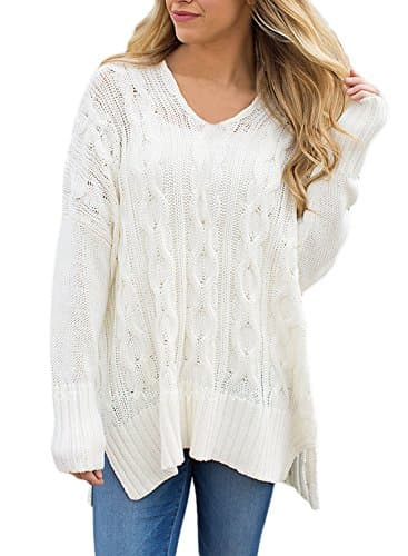 Leindr Women's Casual Unbalanced V Neck Long Sleeve Loose Fit Knit Sweater Pullover Top