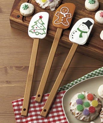 Spoonula Holiday Gift Set of three (3) – Silicone head – 12 “ bamboo handle – Gingerbread man; Snowman; Christmas Tree –Stocking Stuffer, Hostess Gift or gift tie-on! Cross between spoon & spatula. Scoop, smooth & stir your holiday treats with these festive tools!