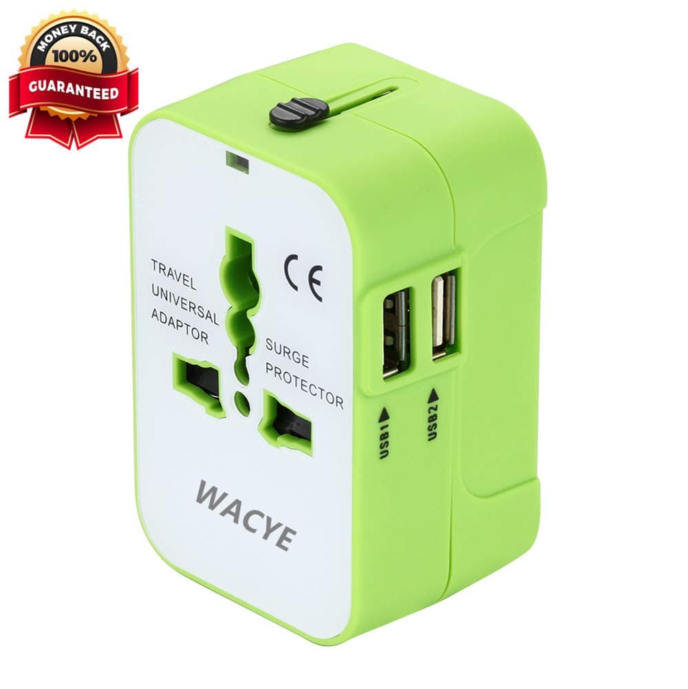 Wacye International Travel Adapter, Universal World Power Adapter Converter AC Power Plug Adapter for Europe USA UK AUS Asia (Green,2 USB)
