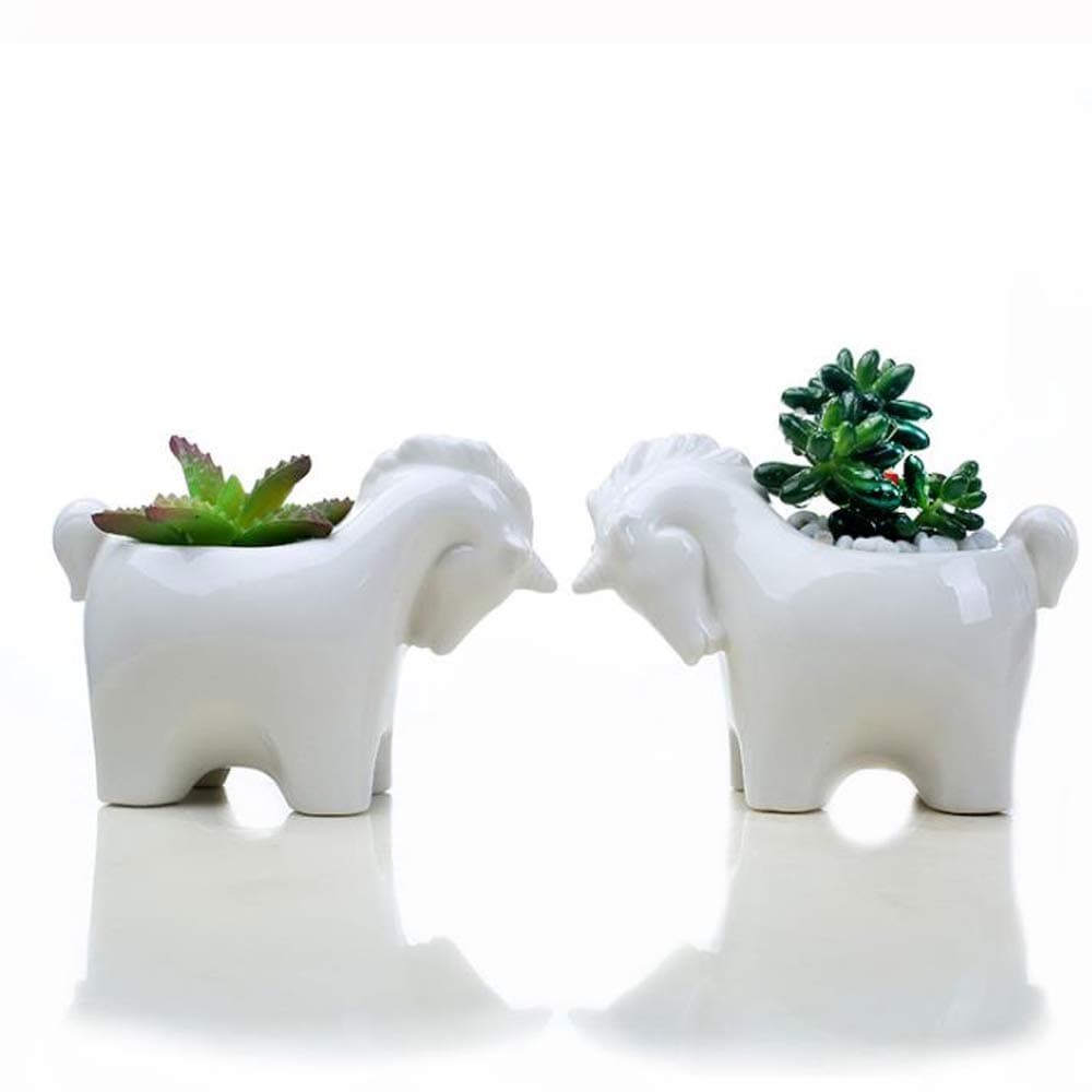 LaybooHorse Plant Window Boxes White Mini Ceramic Flower Pot Cute Animals Succulent Planter Flowerpot Pack of 2