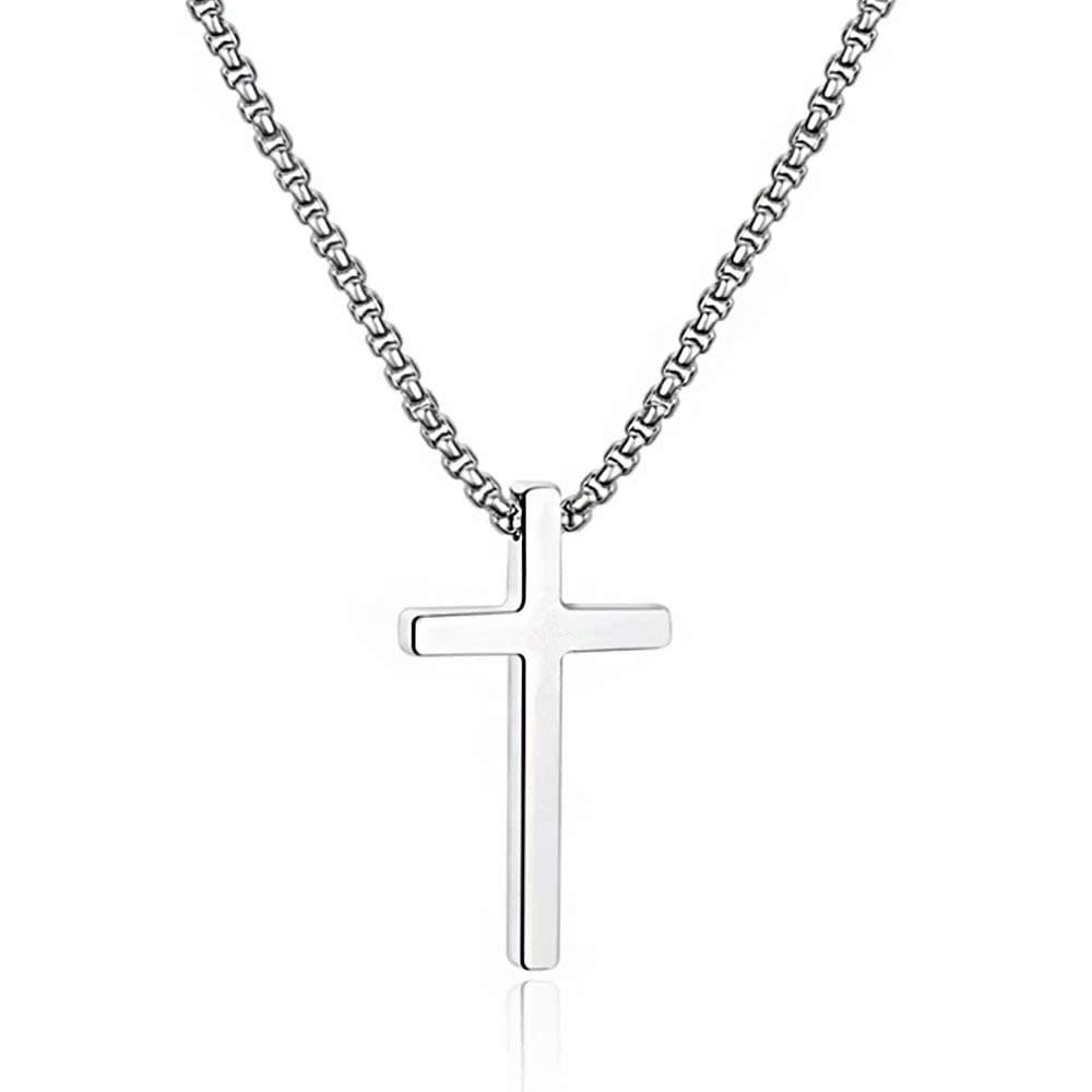 M MOOHAM Easter Basket Stuffers - Cross Necklace for Men Teen Boys, Silver Black Gold Stainless Steel Plain Cross Pendant Necklace Box Chain 16-30 Inch