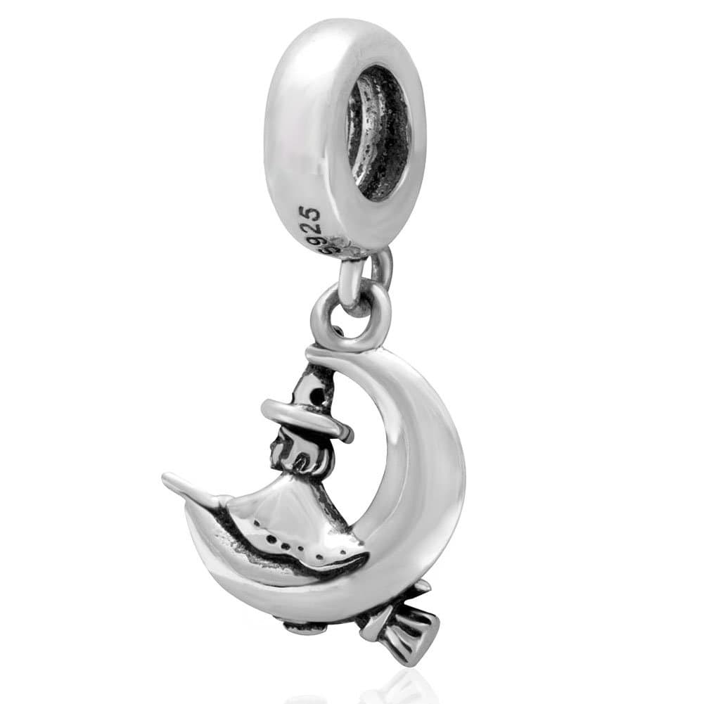Witch Riding Moon Broom Over Dangle 925 Sterling Silver Charms European Beads for Snake Chain Bracelets Christmas Day Gifts Jewellery