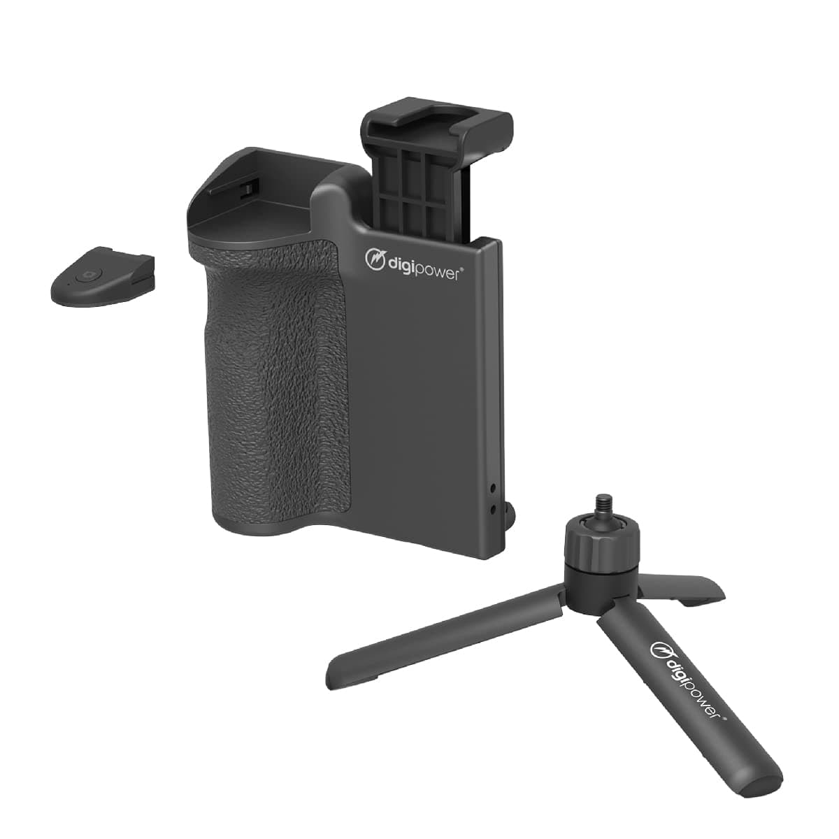 DigiPowerCamera grip with removable Bluetooth remote control, smartphone holder and mini tripod