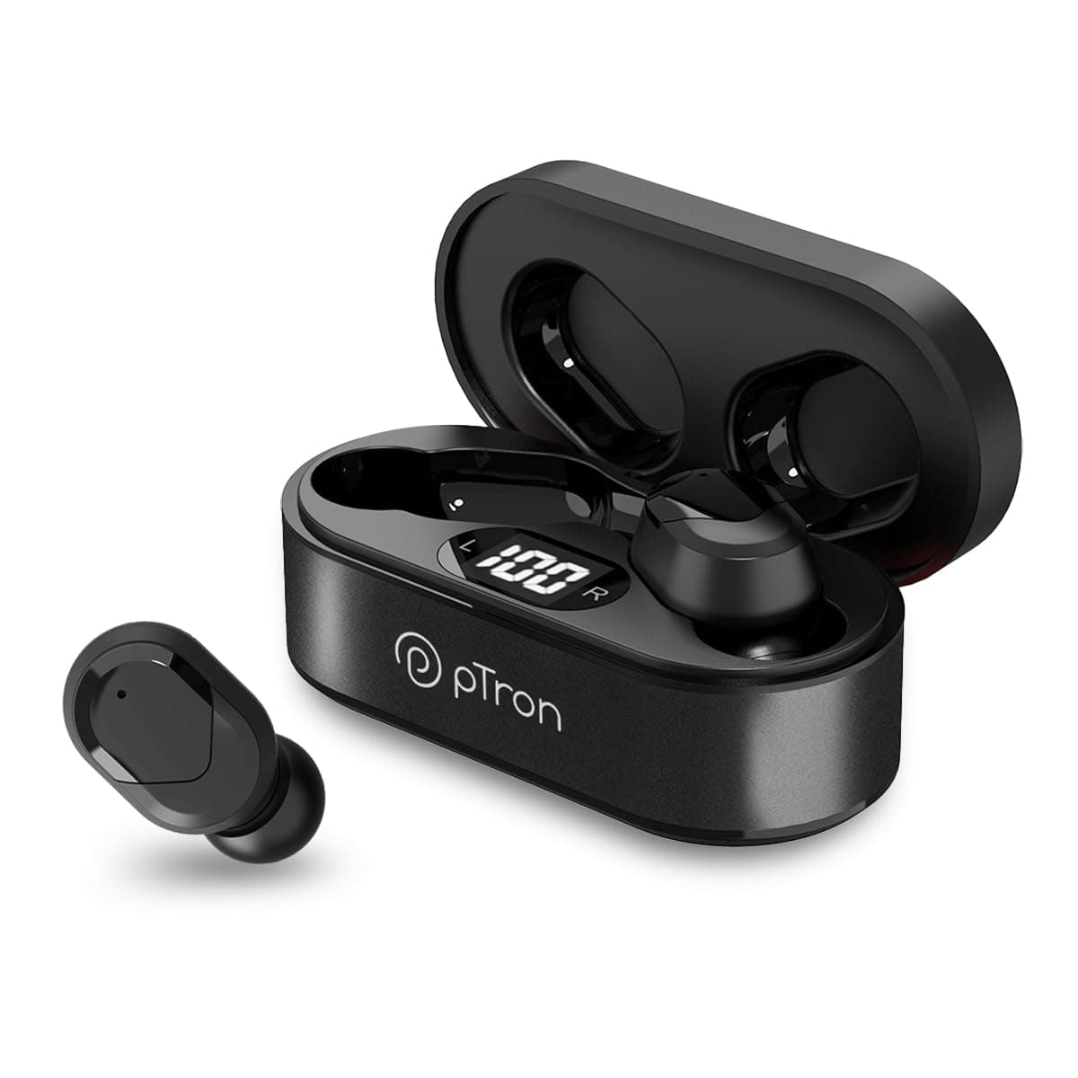 pTron Bassbuds Plus True Wireless Bluetooth 5.0 Headphones, Deep Bass, Made in India, IPX4 Water/Sweat Resistant, Passive Noise Canceling TWS Earbuds, Digital Display Case & Built-in HD Mic (Black)