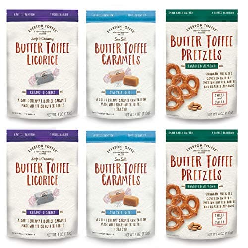 Everton Toffee Butter Toffee Caramels & Pretzels, Taster's Variety Pack (4 oz bag, 6-Pack); Gourmet, Artisan Soft Creamy Caramels - Licorice and Sea Salt Flavors and Roasted Almond Mini Pretzel Snack